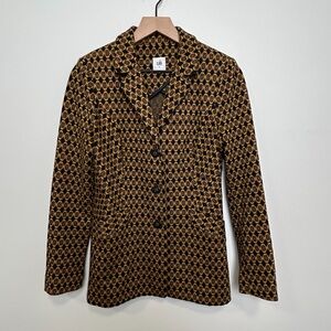 Cabi Geo Jacquard Knit Blazer Small Yellow Navy Stretch Button Front Jacket